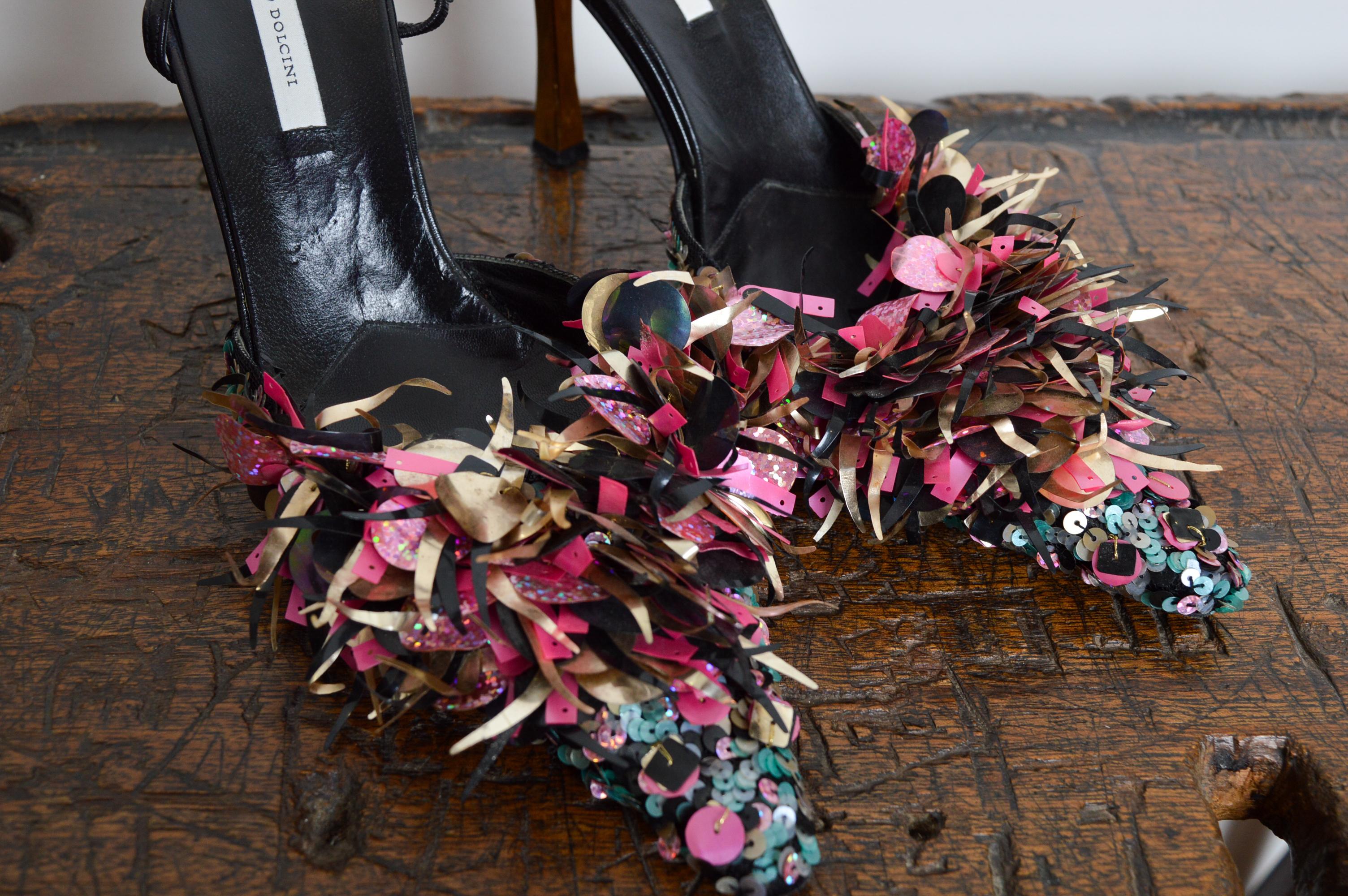 Black Diego Dolcini early 2000s Tinsel Disco Sling back Court Shoe High Heels  39 / 6 For Sale