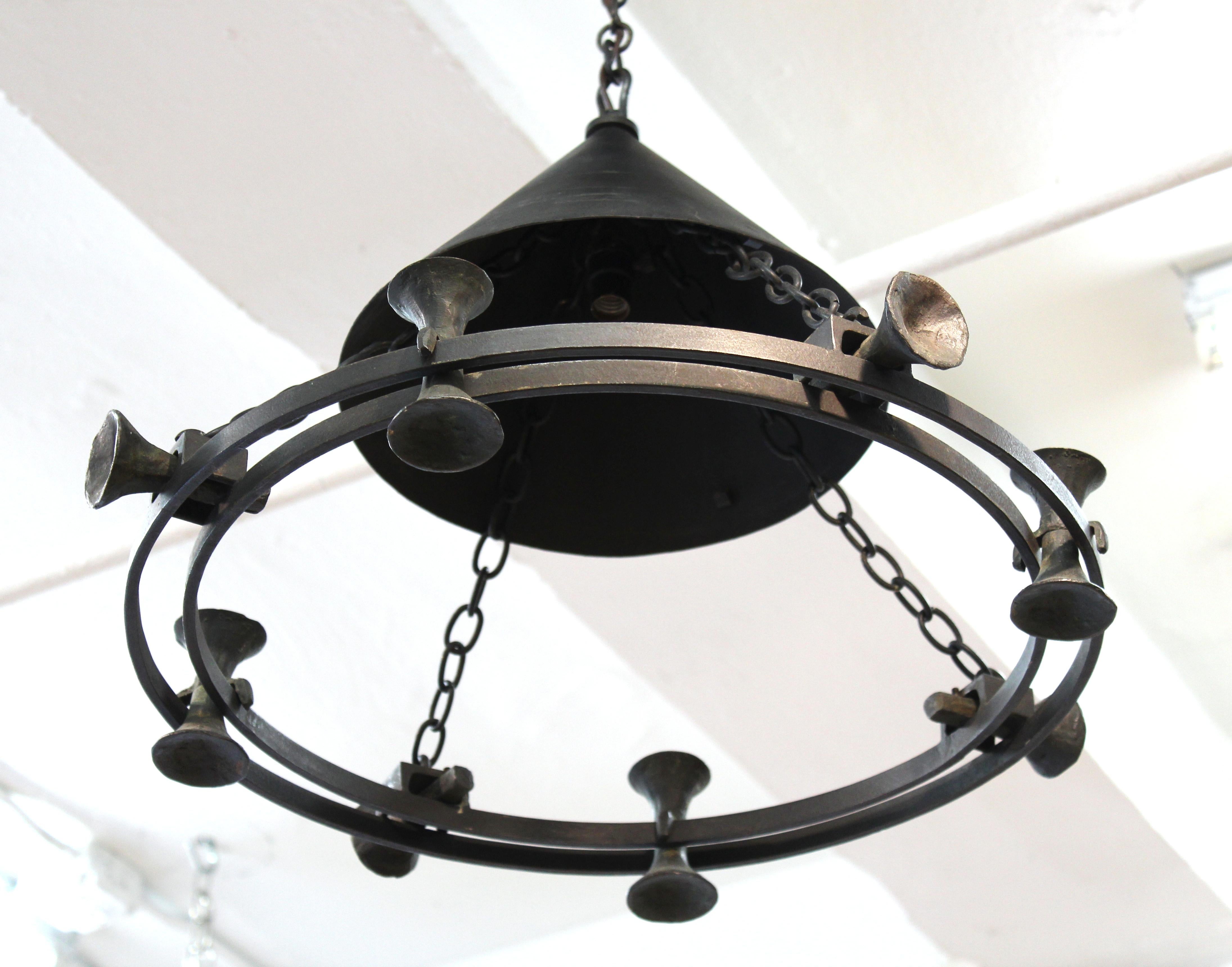 Diego Giacometti style French modern bronze cast chandelier, unmarked, after a design from the early 1950s. Measures: 29