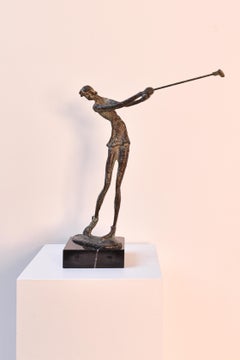 Bronze statue of a female golf player on a marble foot, after Giacometti