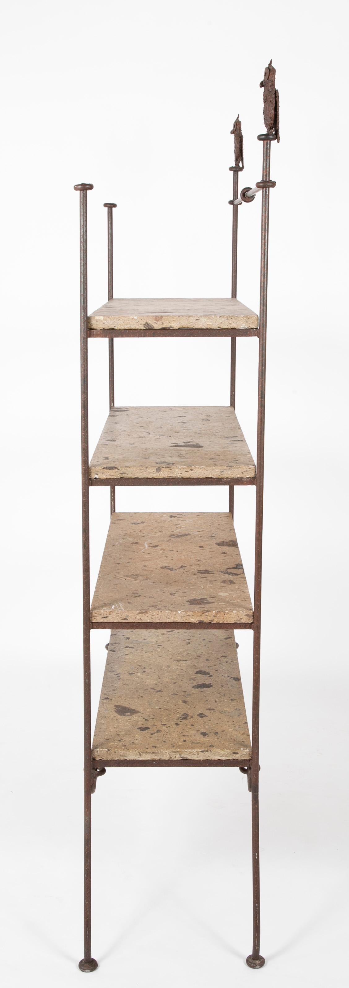 Patinated Diego Giacometti Style Wrought Iron and Stone Book Shelves
