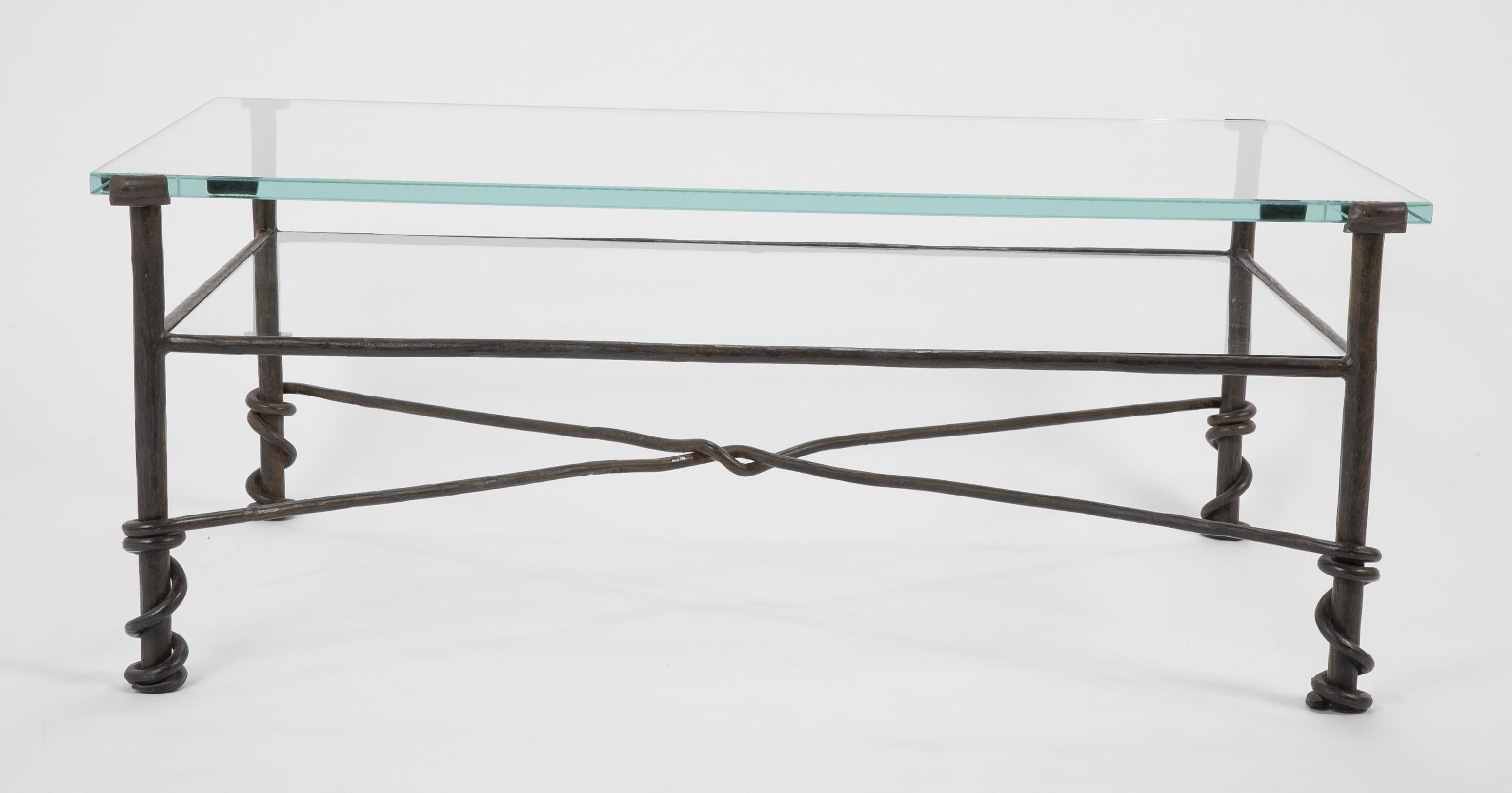 Diego Giacometti Style Wrought Iron Glass Topped Coffee Table In Good Condition In Stamford, CT