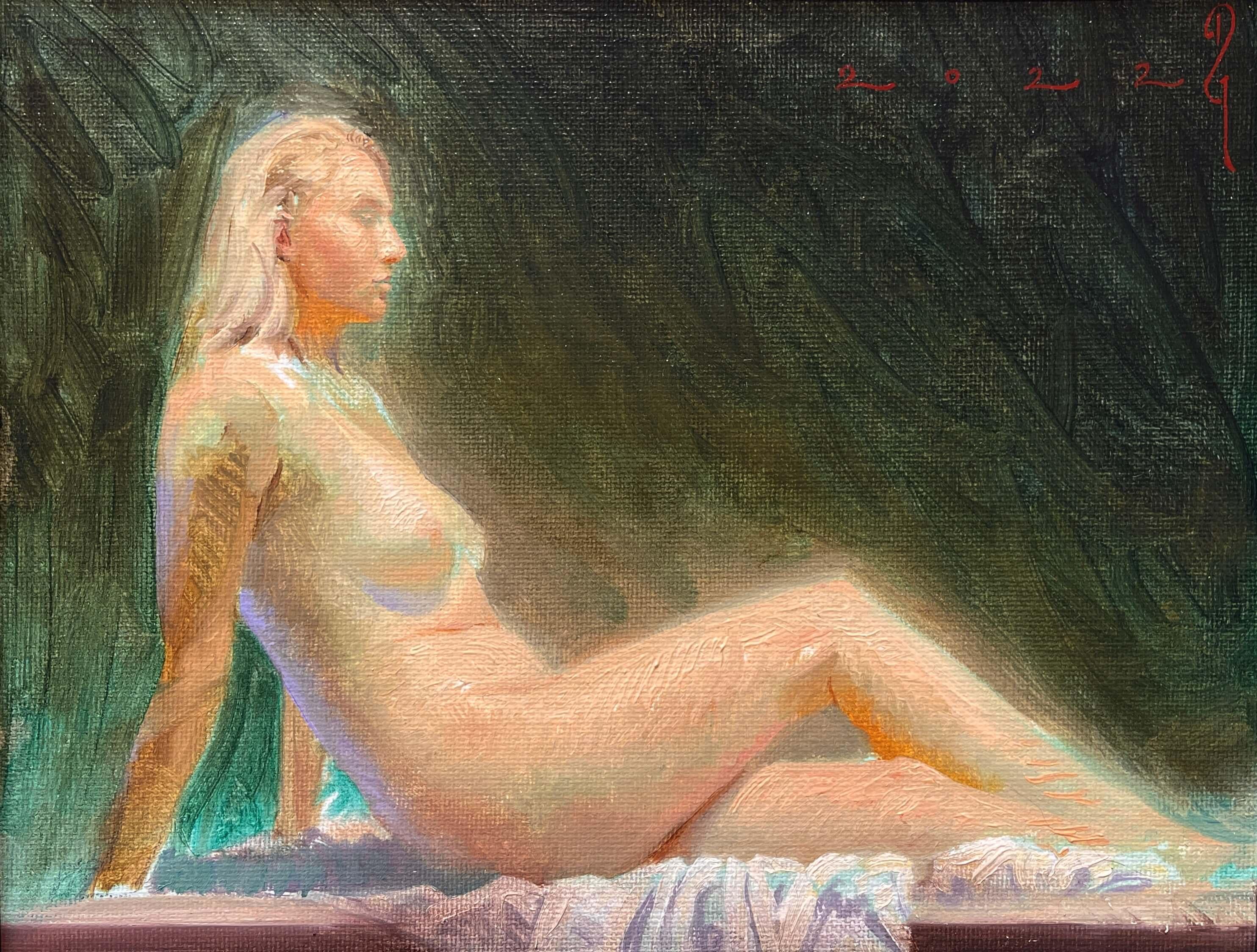 "Nudo reclinato in verde" - Pittura a olio di donna nuda seduta, stile realista
