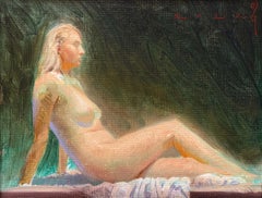 "Reclining Nude in Green" - Oil Painting of Seated Nude Woman, Realist Style