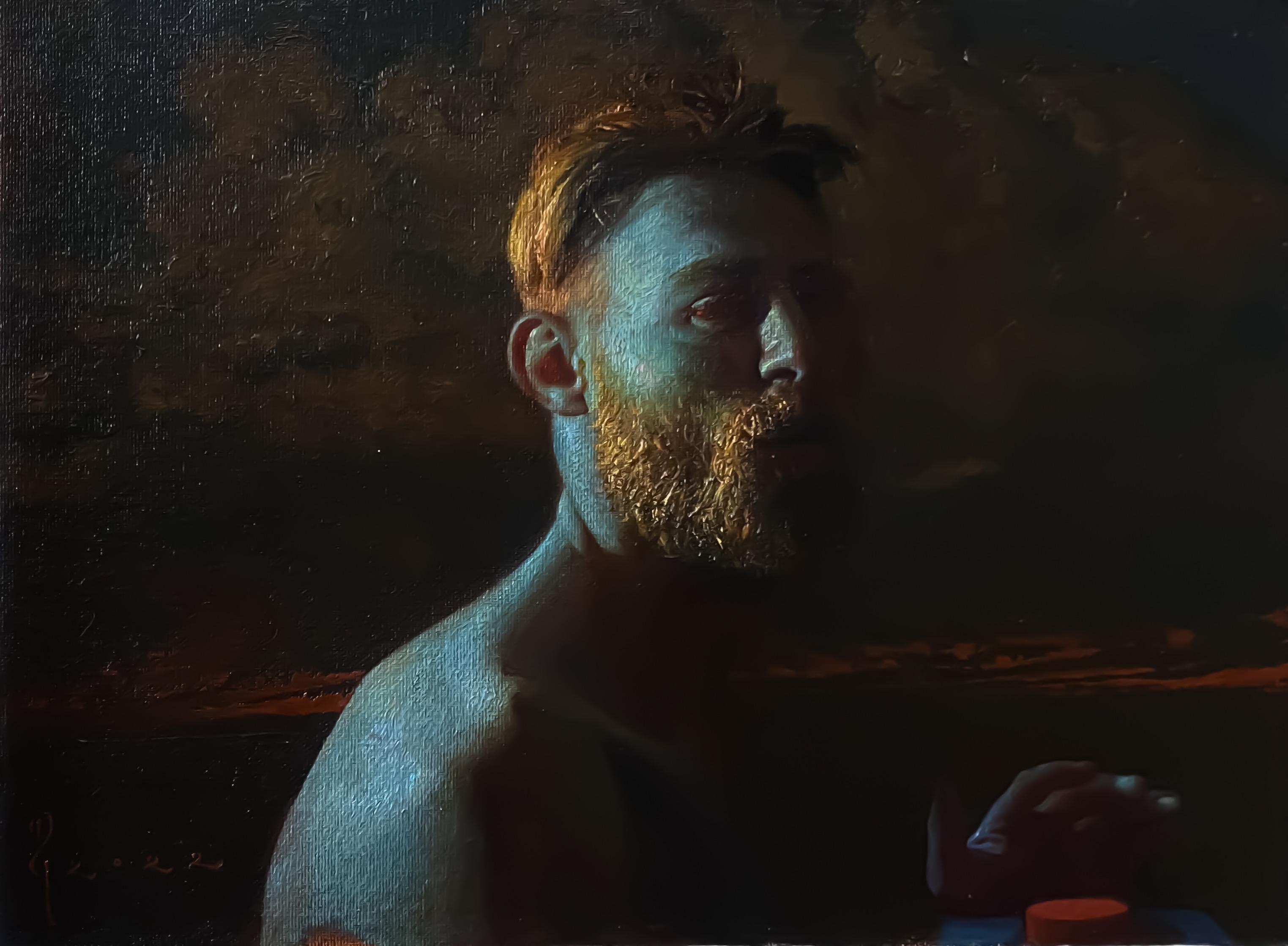 Diego Glazer Portrait Painting - "Red Button" Oil Painting