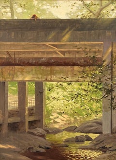 "Secluded Bridge" (2024), Original Photorealist Jungle Village Painting