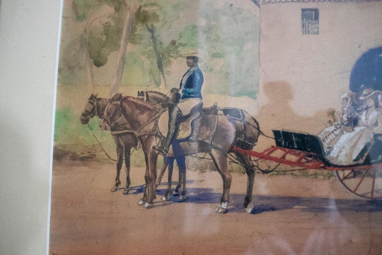Diego Guevara, 1941 Pair of Cuban Colonial Watercolours W/ People Scenes Framed For Sale 10
