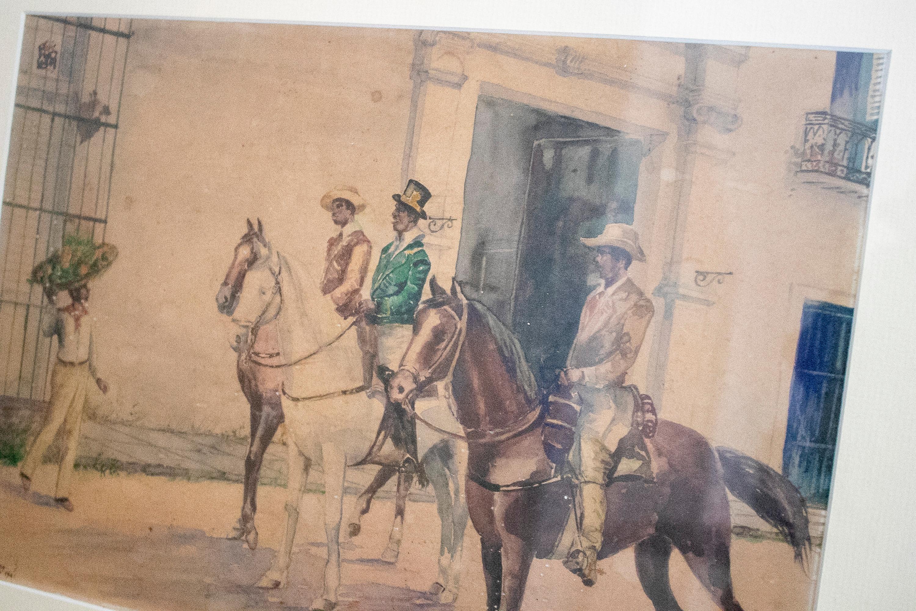 Diego Guevara, 1941 Pair of Cuban Colonial Watercolours W/ People Scenes Framed In Good Condition For Sale In Marbella, ES