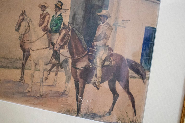 20th Century Diego Guevara, 1941 Pair of Cuban Colonial Watercolours W/ People Scenes Framed For Sale