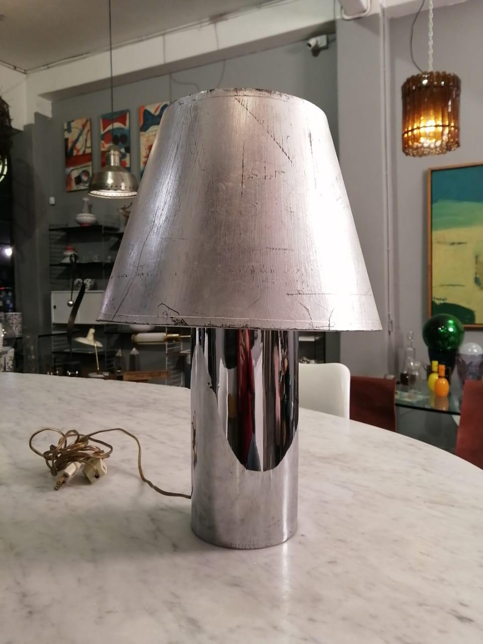 Mid-Century Modern Diego Matthai Chrome Table Lamp with Silver Leaf Shade