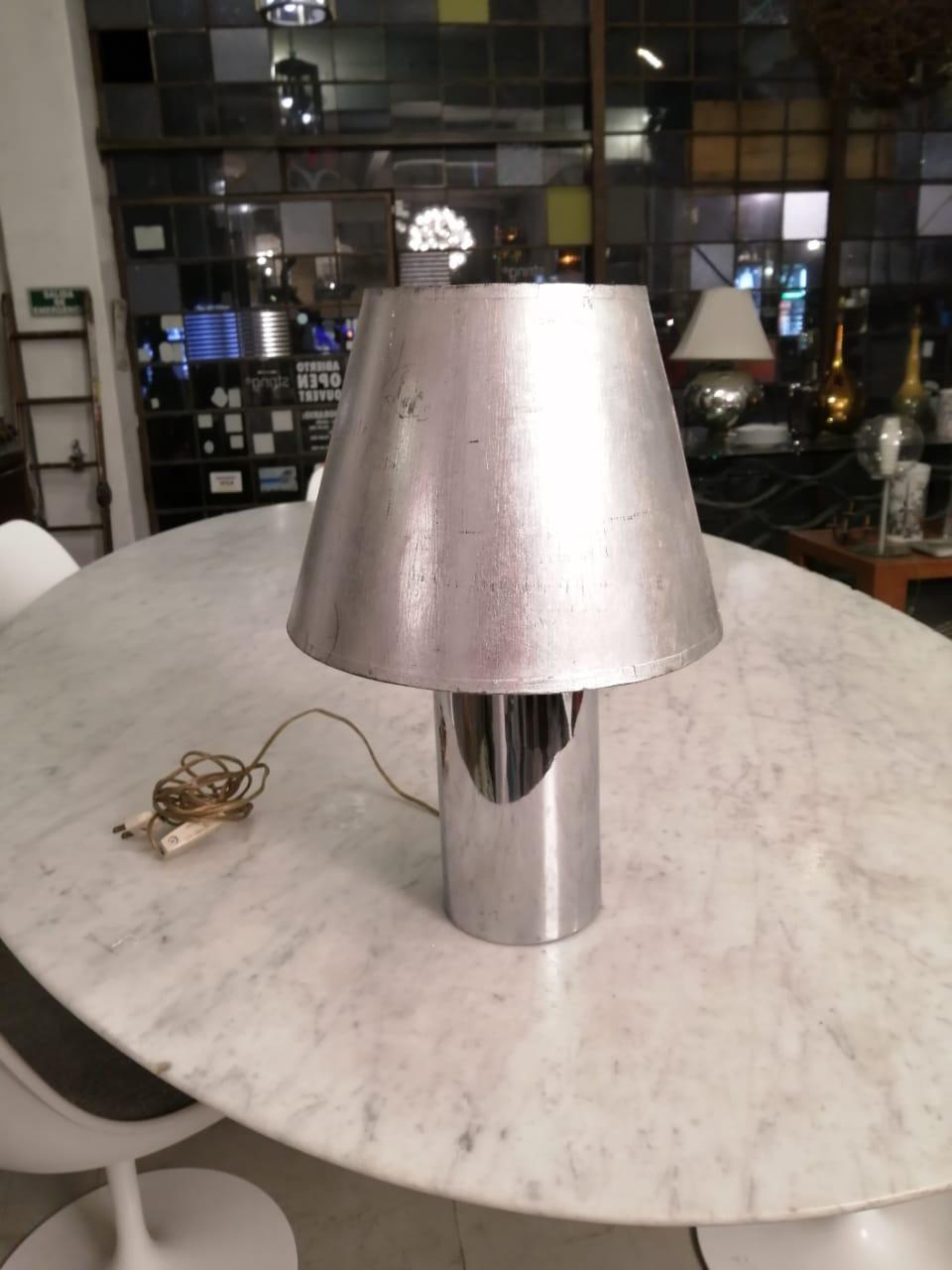 Diego Matthai Chrome Table Lamp with Silver Leaf Shade In Good Condition In Mexico City, MX