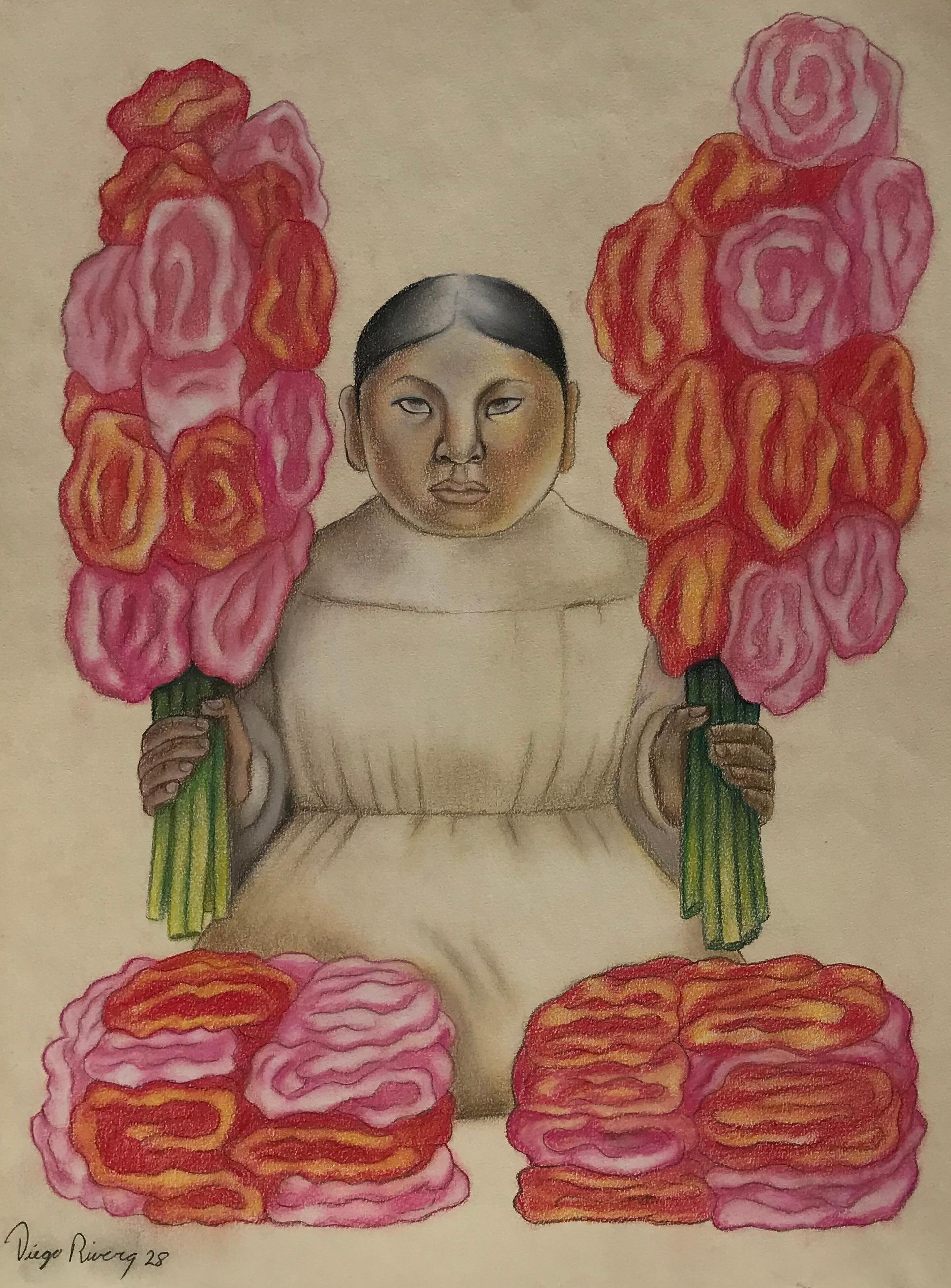 Diego Rivera attributed but not authenticated pastel painting on paper. Perfect rendering of style and signatures by the master. Paper looks to be correct but colors are too vibrant. A very powerful and decorative painting. Unframed

Title: