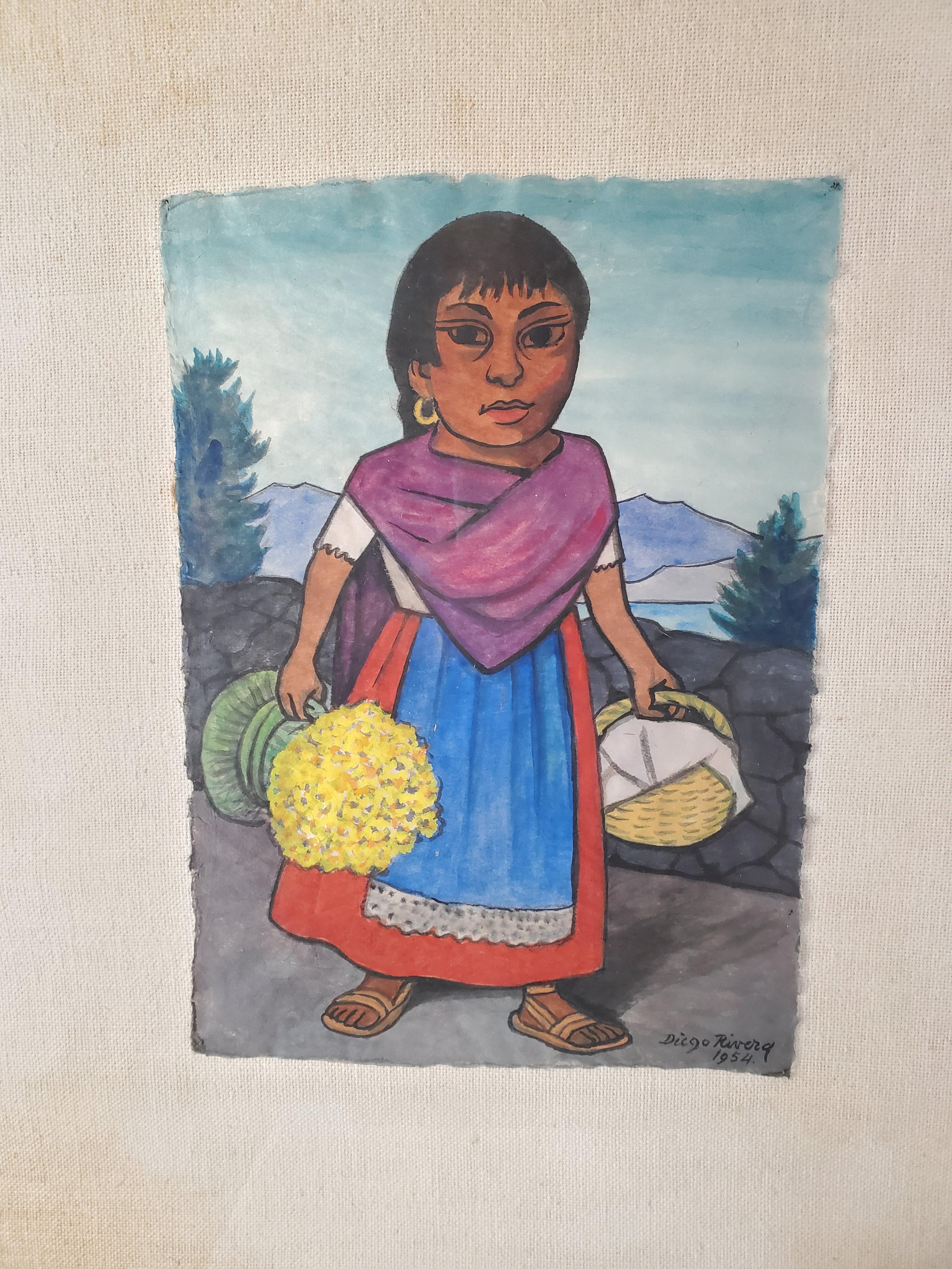 Niña mexicana volviendo del mercado - Painting de Diego Rivera