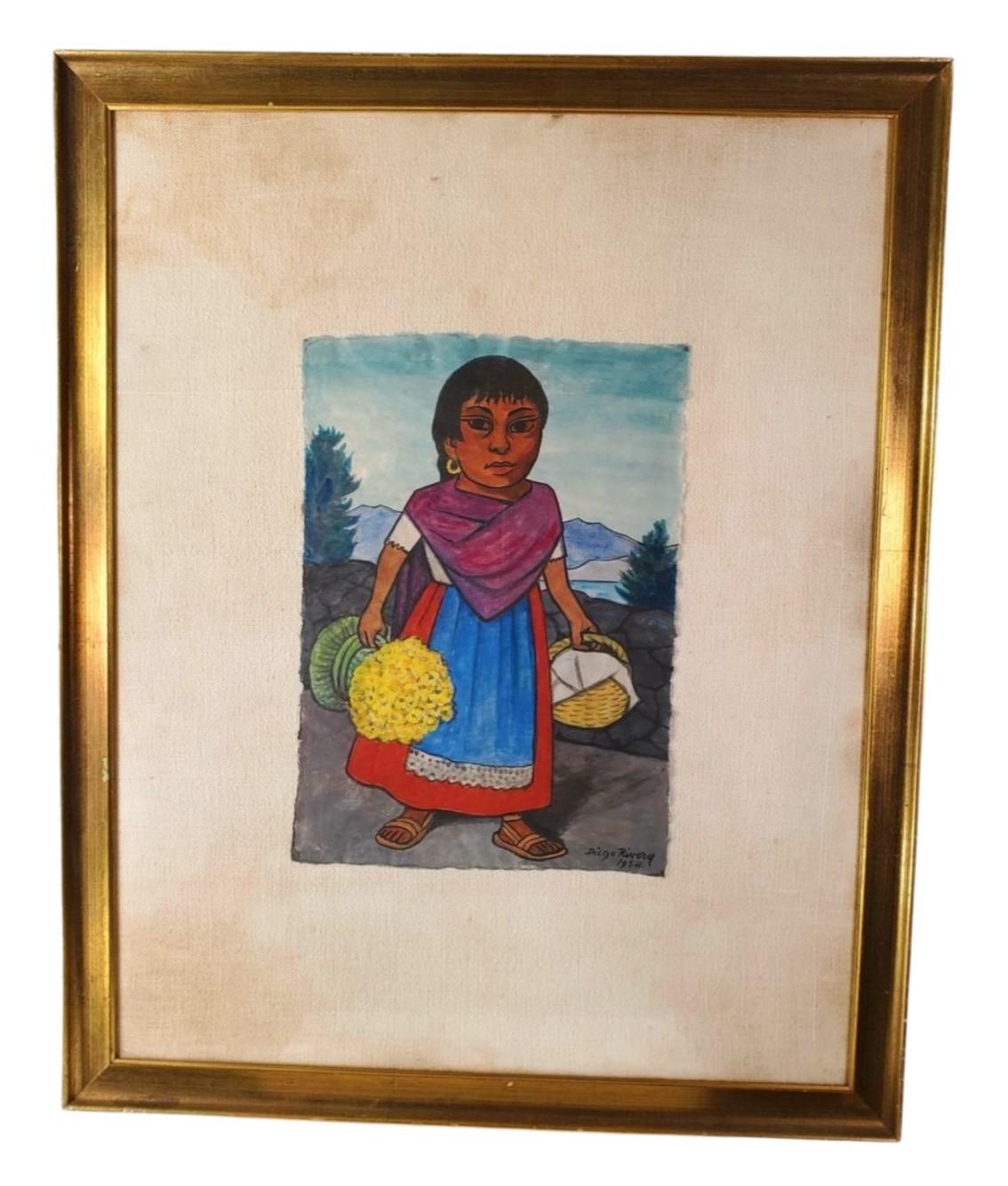 Niña mexicana volviendo del mercado - Painting Realista de Diego Rivera