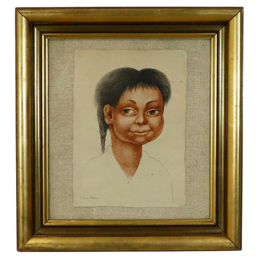 Diego Rivera. Portrait of an Indigenous Mexican Child Antique Framed