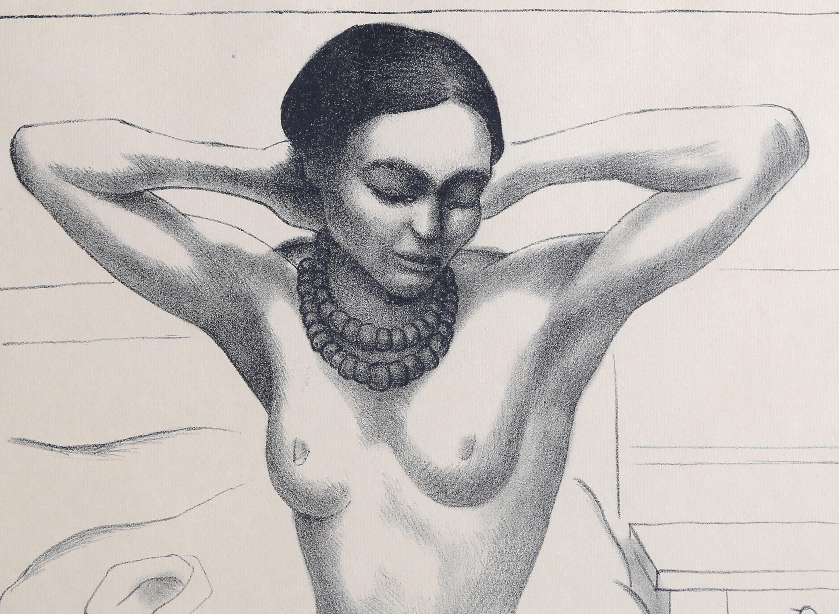This portrait depicts Rivera's second wife, the artist Frida Kahlo (1907-54), sitting on a bed wearing stockings and shoes and fastening rows of beads around her neck. An accident whilst travelling on a trolleybus during her adolescence had left