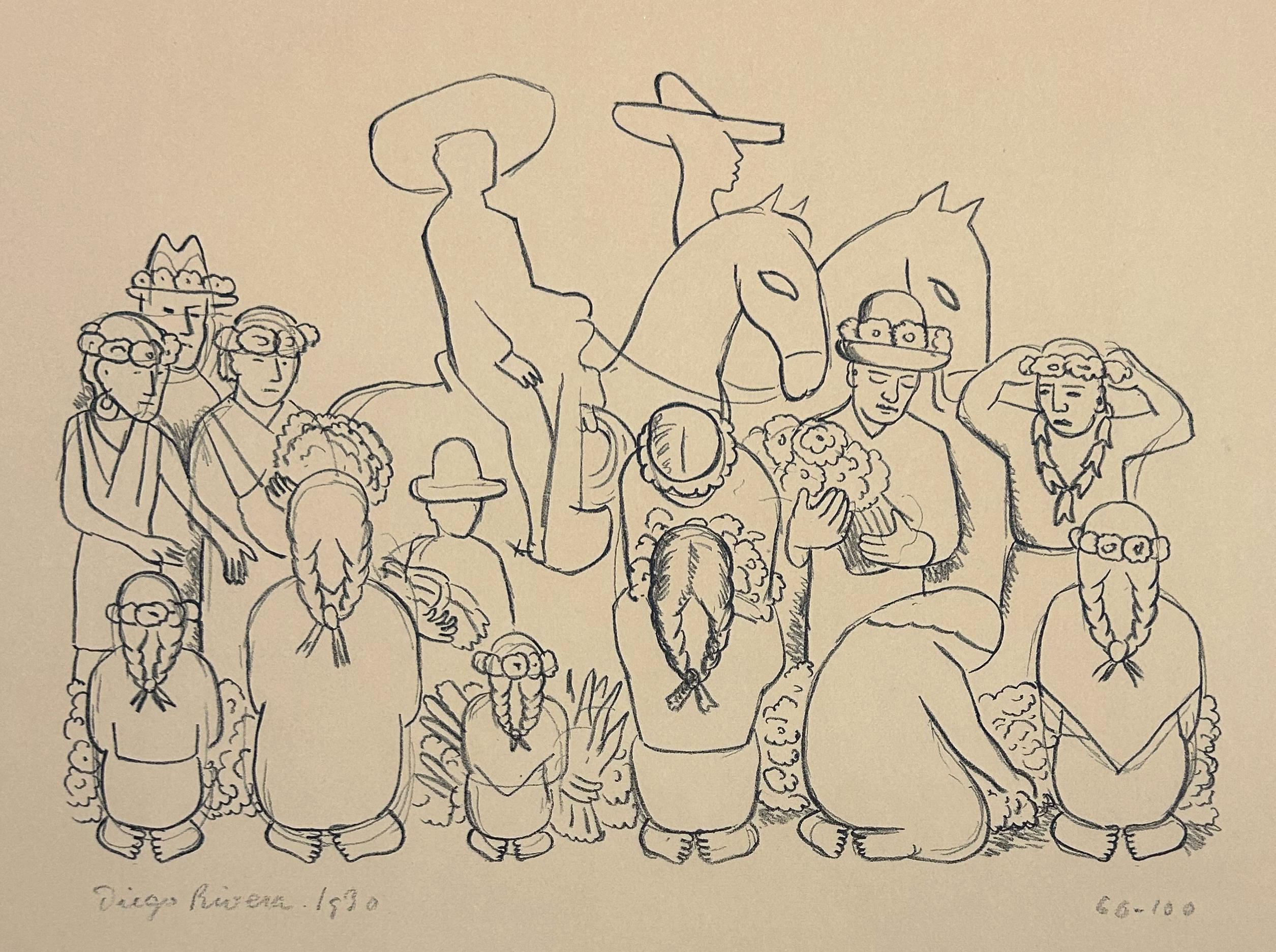 Artist: Diego Rivera
Title: El Mercado De Flores (Flower Market)
Medium: Lithograph
Date: 1930
Edition: 60/100
Framed Size: 24 5/8" x 28 5/8" 
Sheet Size: 19" x 24 1/2"
Image Size: 10 3/4" x 15 3/4"
Signature: Signed in black crayon
