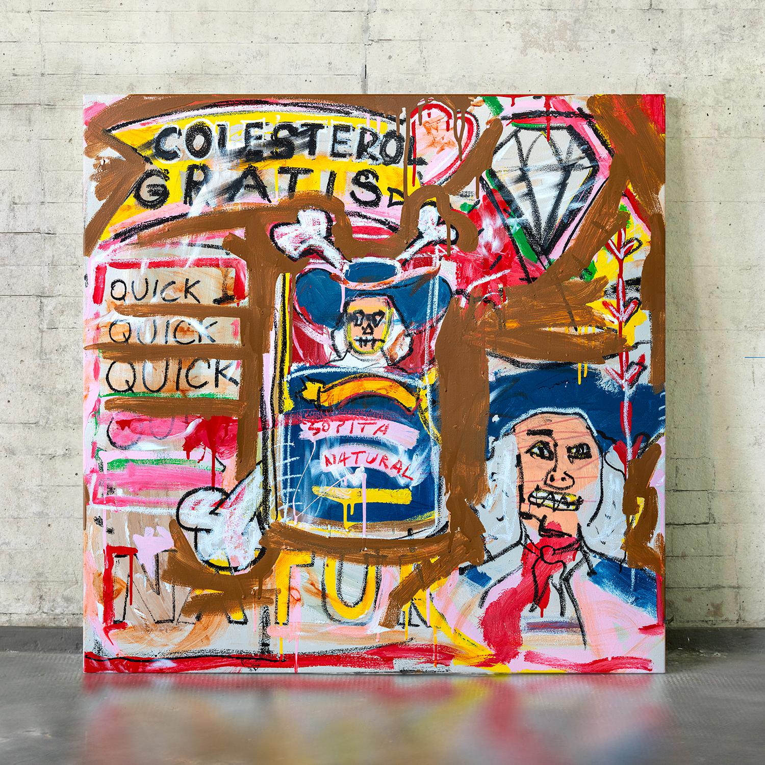 Quaker è un'opera che fonde l'espressionismo con l'energia grezza della street art, creando una tela ricca di significati e contraddizioni. Realizzato con tecnica mista, il dipinto presenta una versione reimmaginata dell'iconico logo Quaker, con il