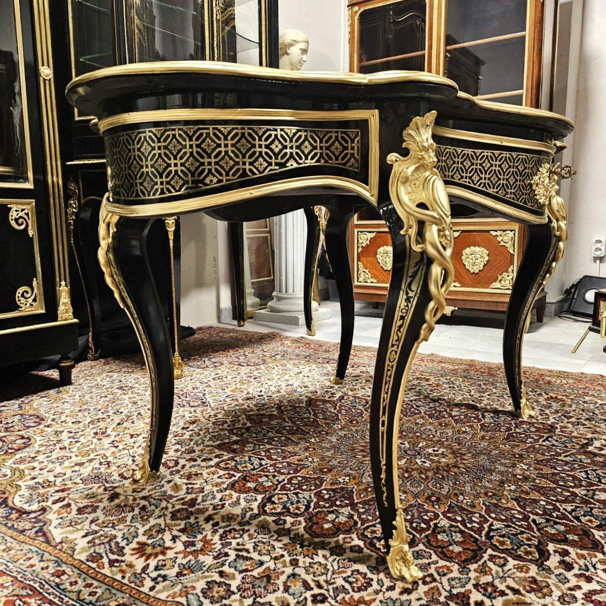 Schwarzer französischer Tisch von Diehl, Napoleon III. Boulle, Messing, vergoldete Bronze, 19. Jahrhundert im Angebot 4