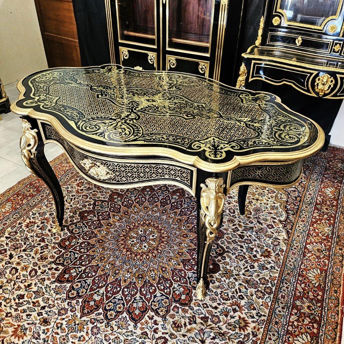 Diehl Table française noire Napoléon III Boulle Laiton Bronze doré 19ème siècle en vente 5