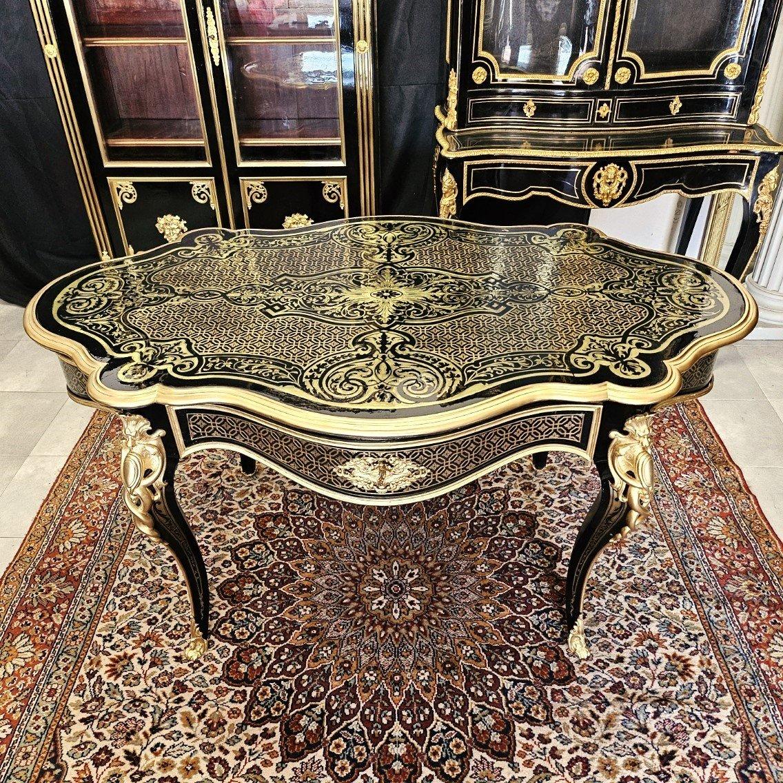 Diehl Table française noire Napoléon III Boulle Laiton Bronze doré 19ème siècle en vente 7