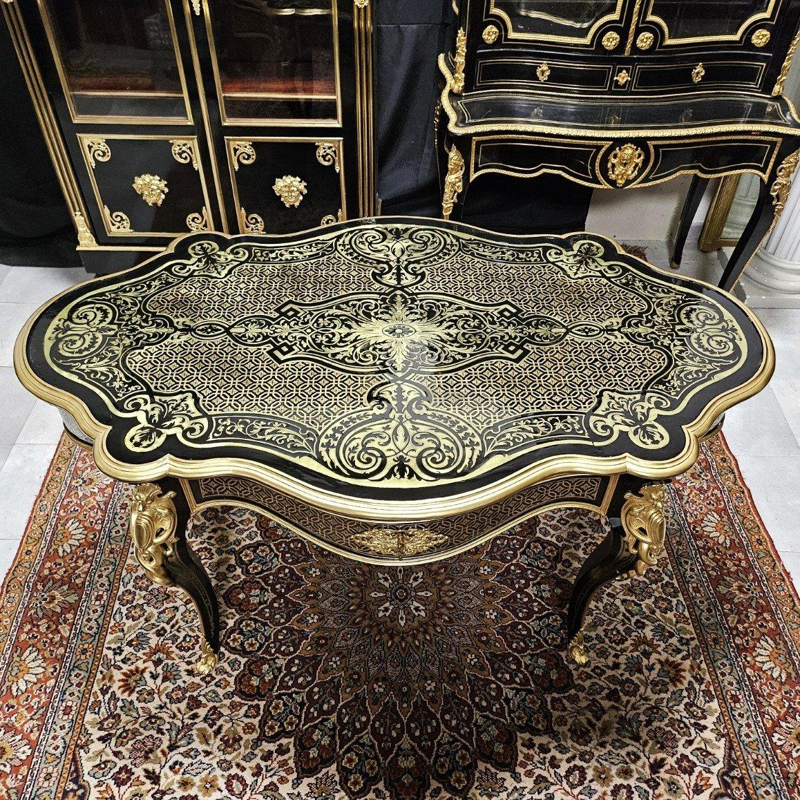 Blackened Diehl Black French Table Napoleon III Boulle Brass Gilt Bronze 19th Century For Sale