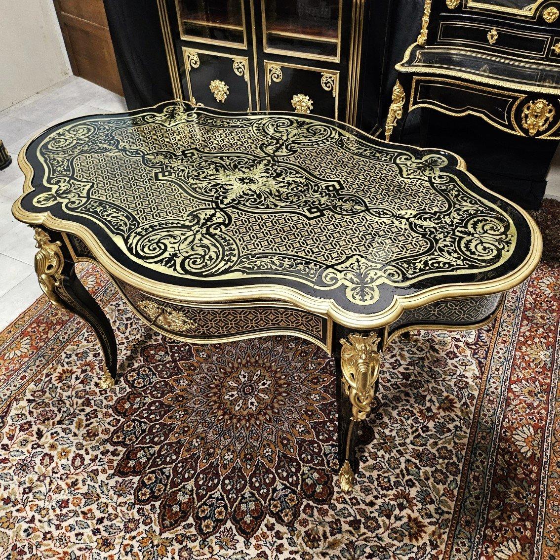 Schwarzer französischer Tisch von Diehl, Napoleon III. Boulle, Messing, vergoldete Bronze, 19. Jahrhundert (Mittleres 19. Jahrhundert) im Angebot