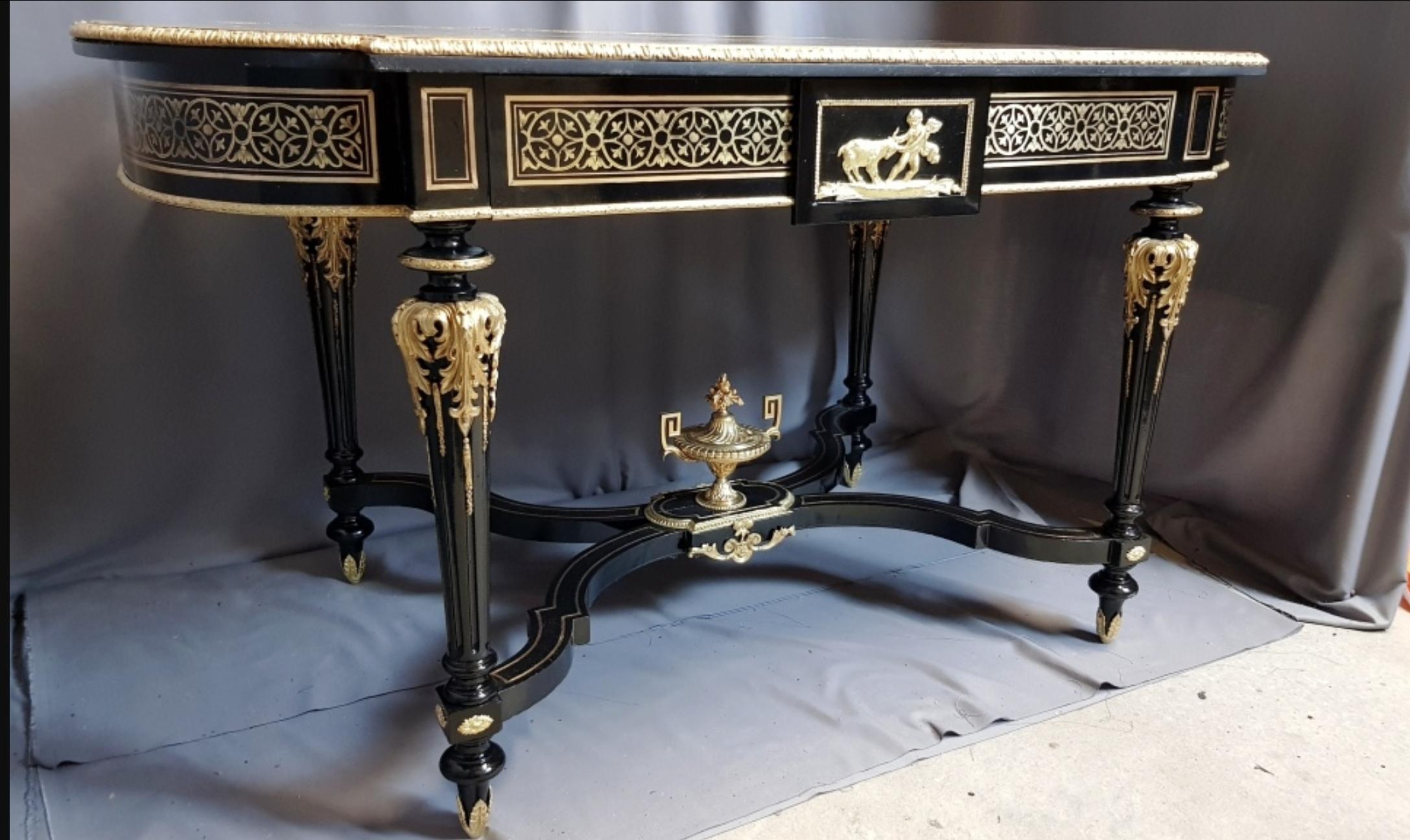 Blackened Diehl Napoleon III Desk Table in Boulle Marquetry, France, 19th Century