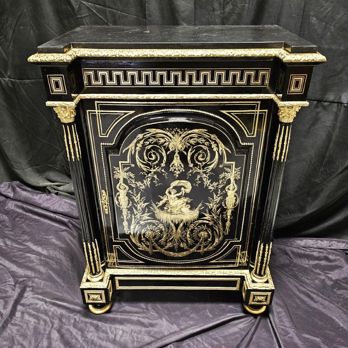 French Diehl  stamped  Black Cabinet in Boulle Marquetry Gilt Bronze Brass Napoleon III For Sale