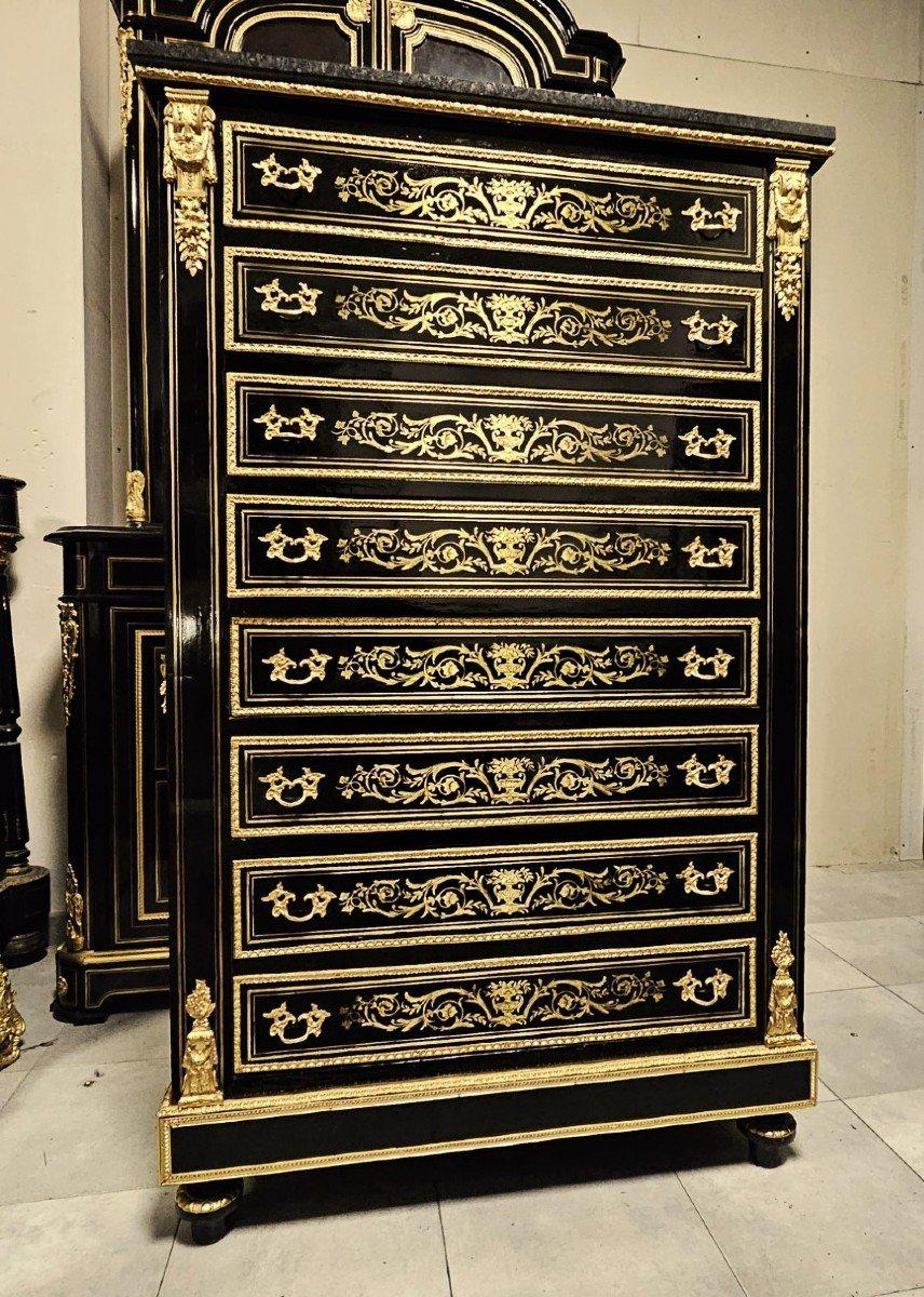 Diehl French Black Tall 8 Drawers Gilt Brass Cabinet Napoleon III Boulle 19th 4