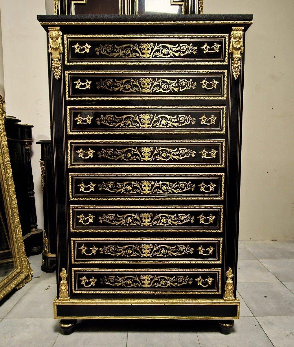 Diehl French Black Tall 8 Drawers Gilt Brass Cabinet Napoleon III Boulle 19th 5