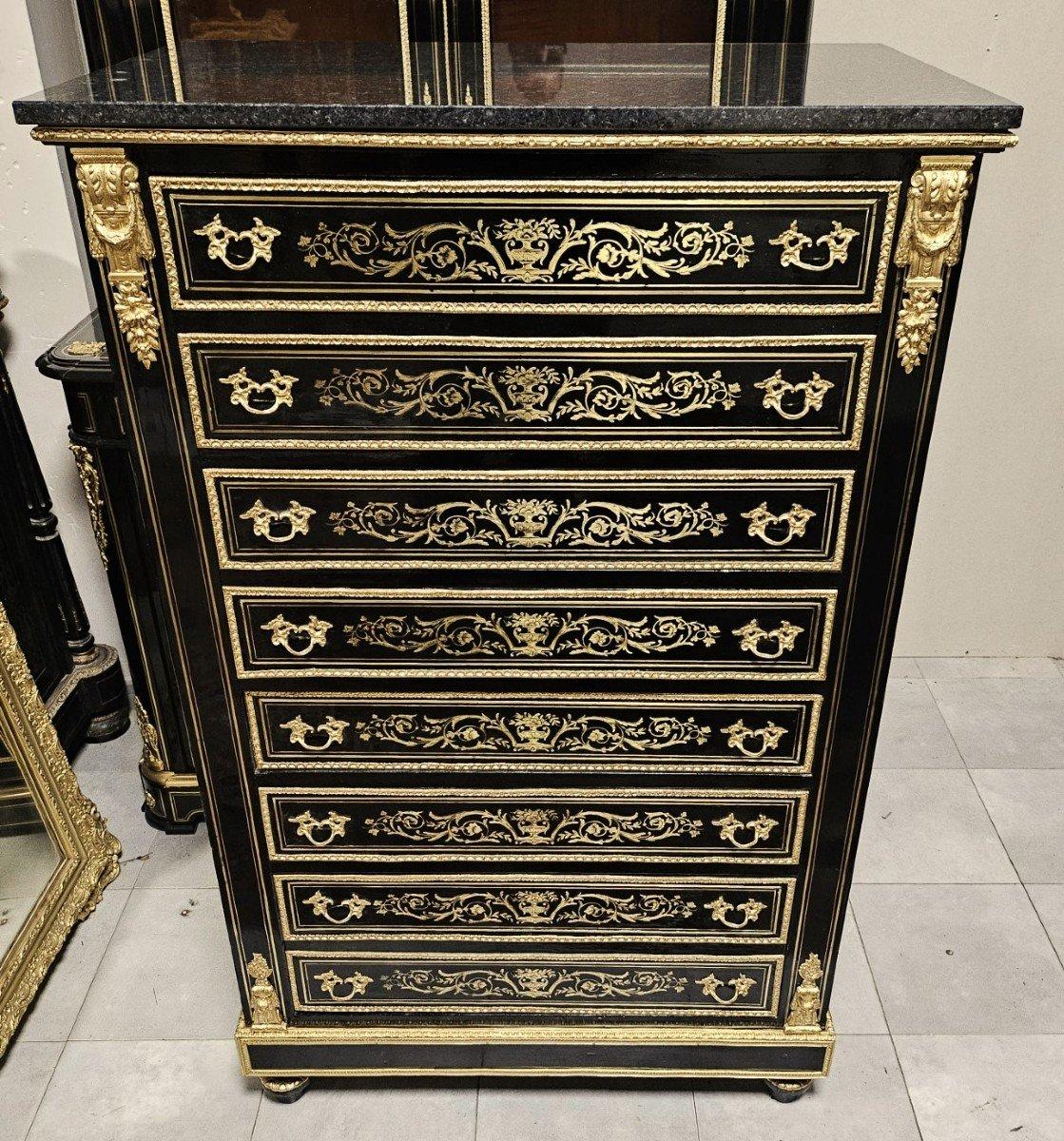 Diehl French Black Tall 8 Drawers Gilt Brass Cabinet Napoleon III Boulle 19th In Good Condition In Paris, FR
