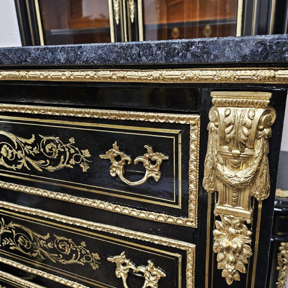 Mid-19th Century Diehl French Black Tall 8 Drawers Gilt Brass Cabinet Napoleon III Boulle 19th