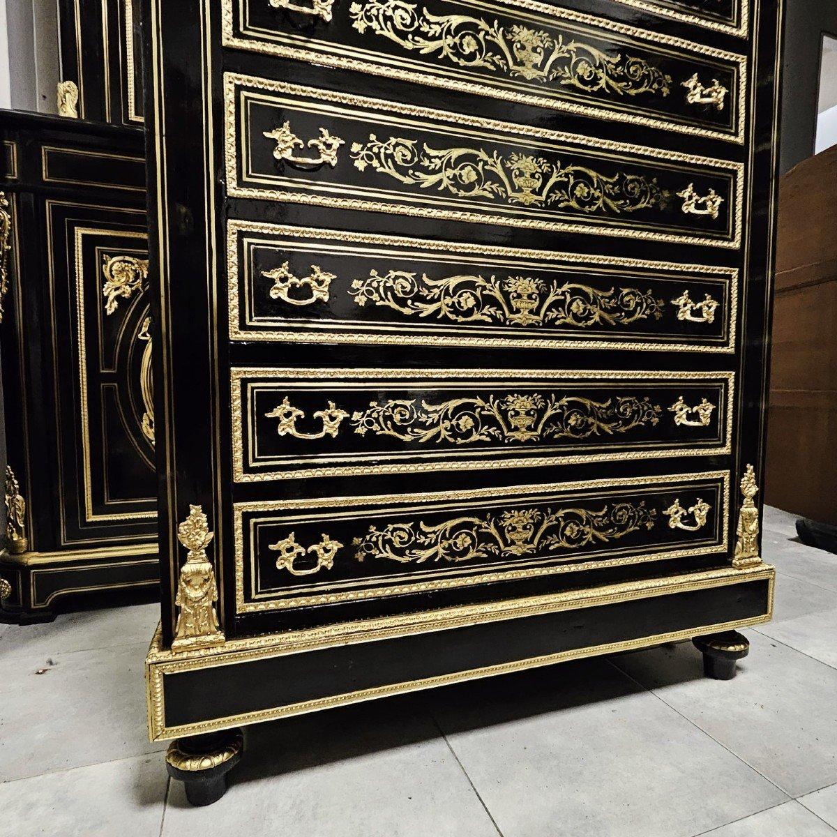 Diehl French Black Tall 8 Drawers Gilt Brass Cabinet Napoleon III Boulle 19th 2
