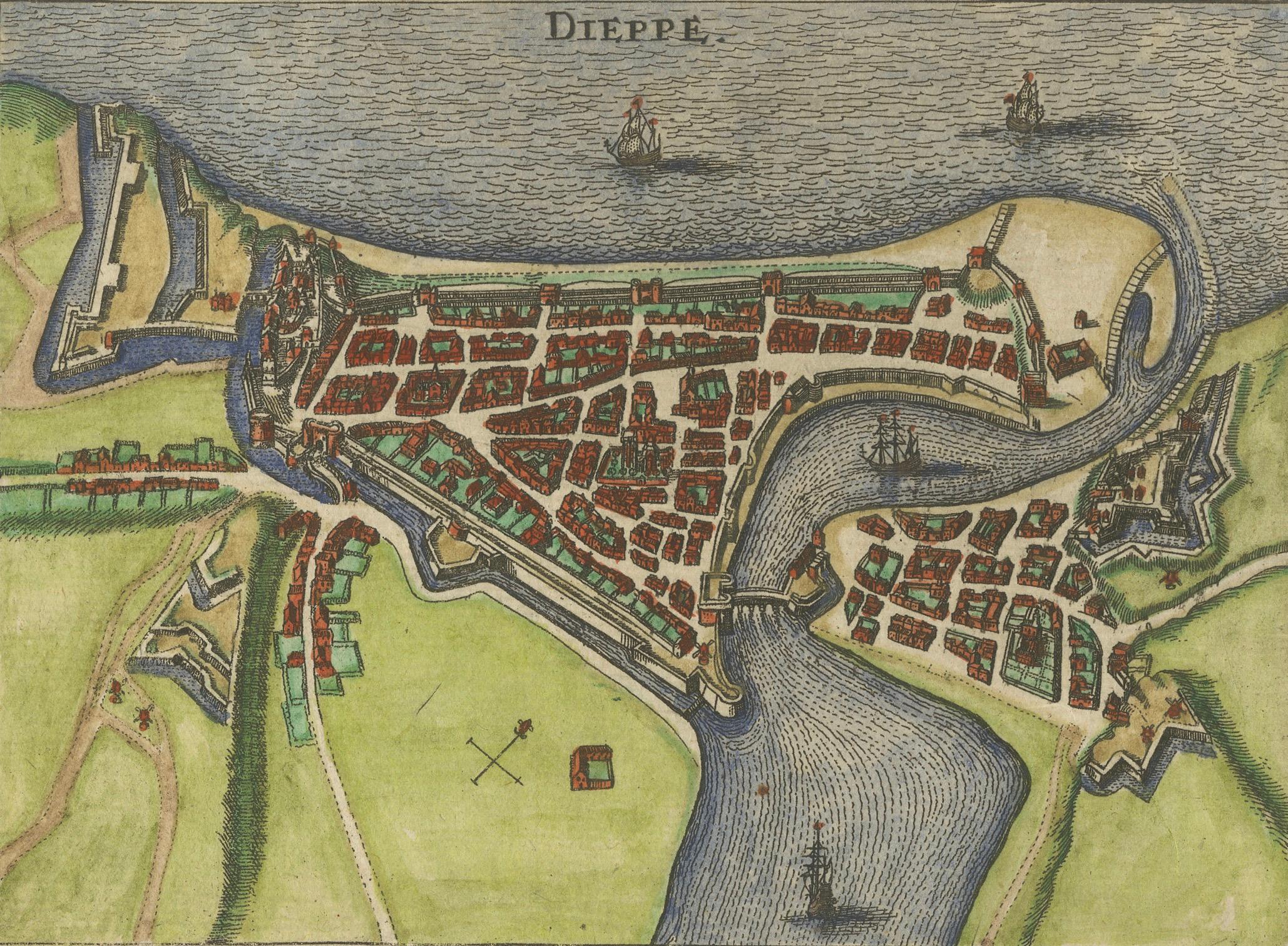 Dieppe - Antiker handkolorierter Kupferstich einer französischen Küstenstadt (1666) im Angebot 3