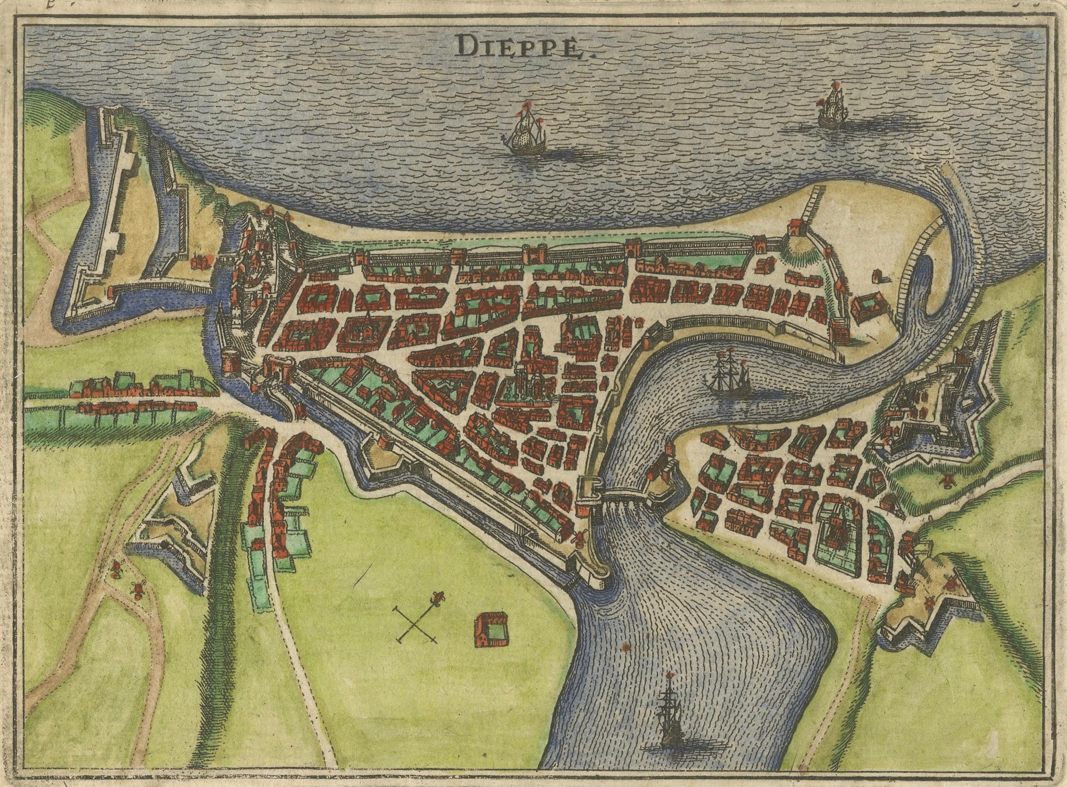 Dieppe - Antiker handkolorierter Kupferstich einer französischen Küstenstadt (1666) im Angebot 4
