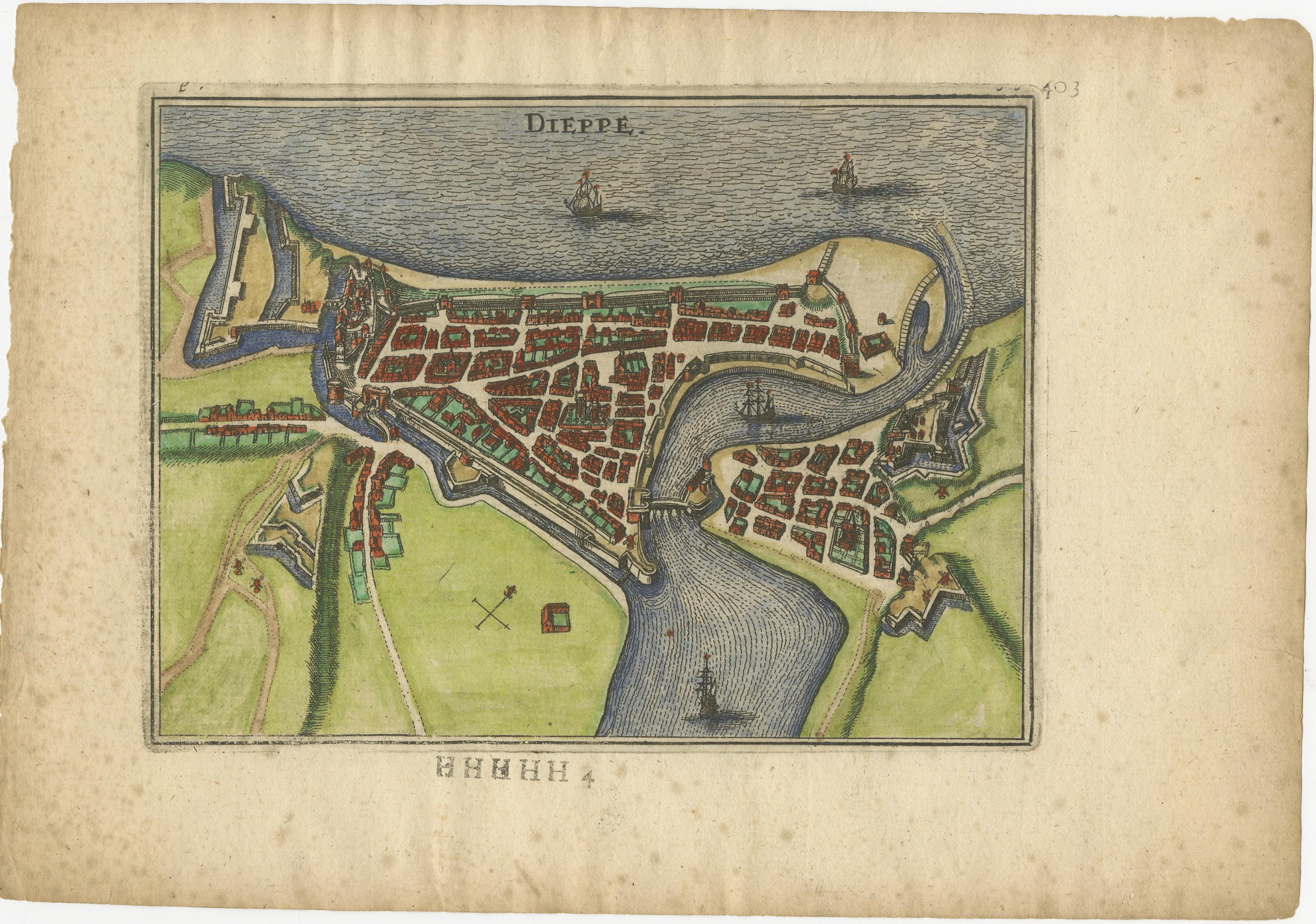 Dieppe - Antiker handkolorierter Kupferstich einer französischen Küstenstadt (1666) im Angebot 5