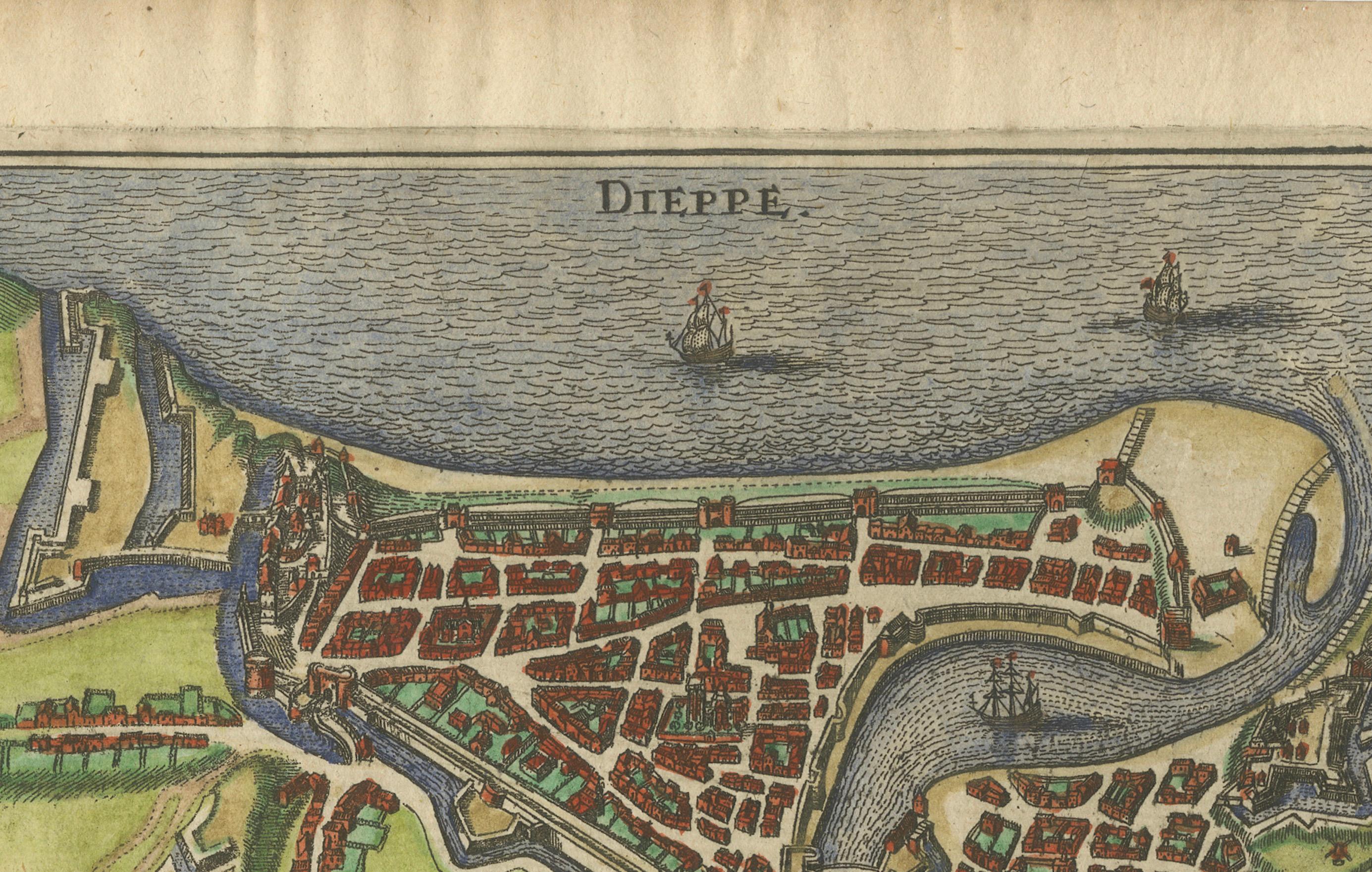 Dieppe - Antiker handkolorierter Kupferstich einer französischen Küstenstadt (1666) (Mitte 17. Jahrhundert) im Angebot