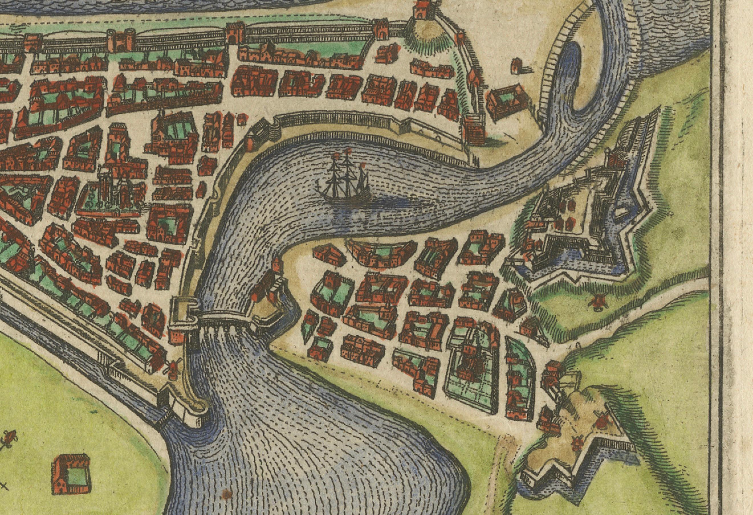 Dieppe - Antiker handkolorierter Kupferstich einer französischen Küstenstadt (1666) im Angebot 1