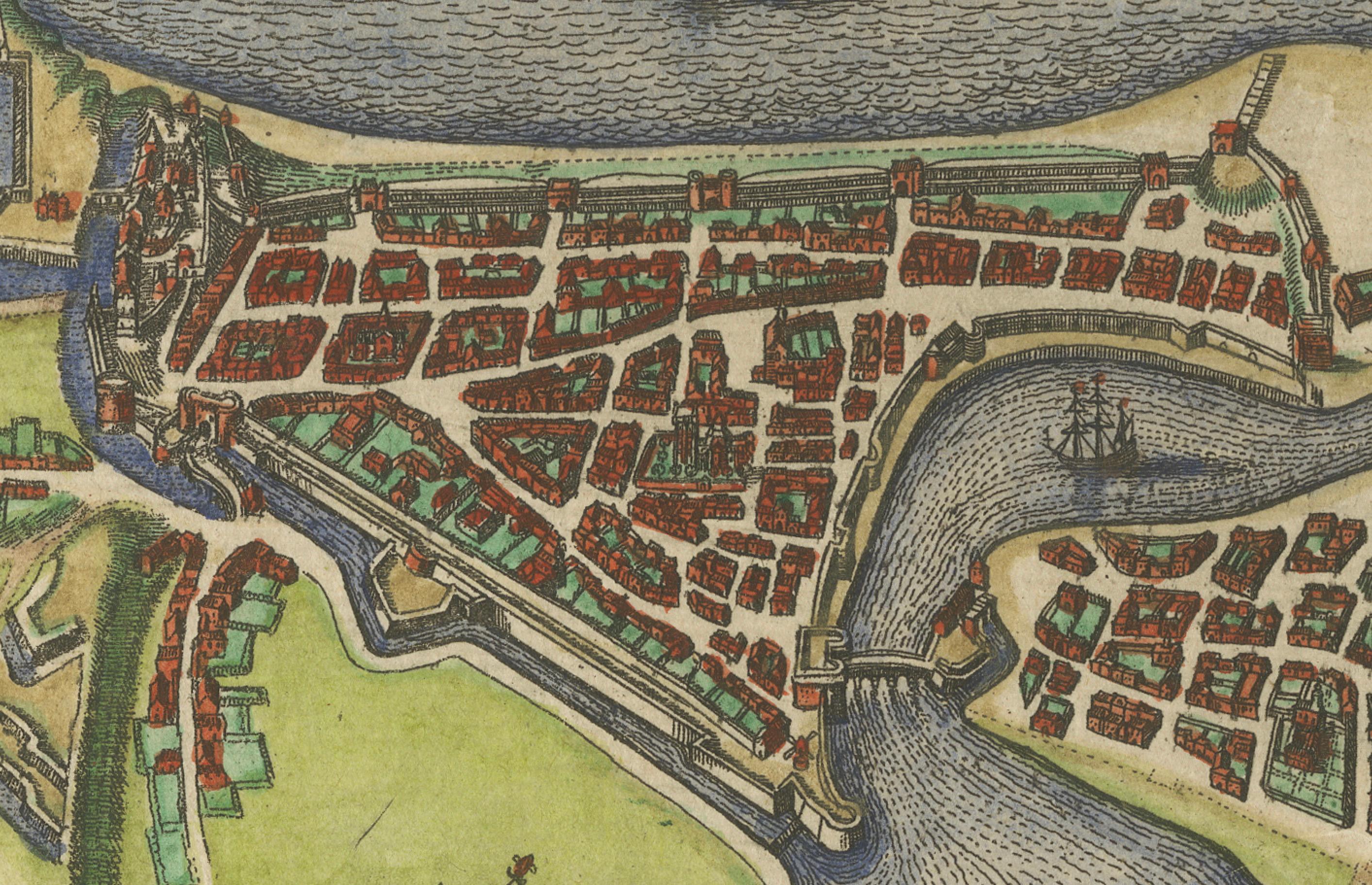 Dieppe - Antiker handkolorierter Kupferstich einer französischen Küstenstadt (1666) im Angebot 2