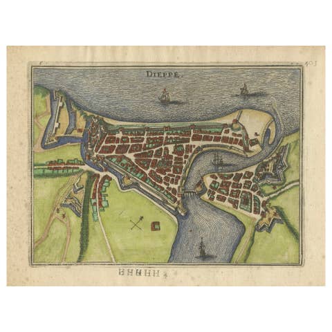 Dieppe – Antique Hand-Coloured French Coastal Town Engraving (1666)