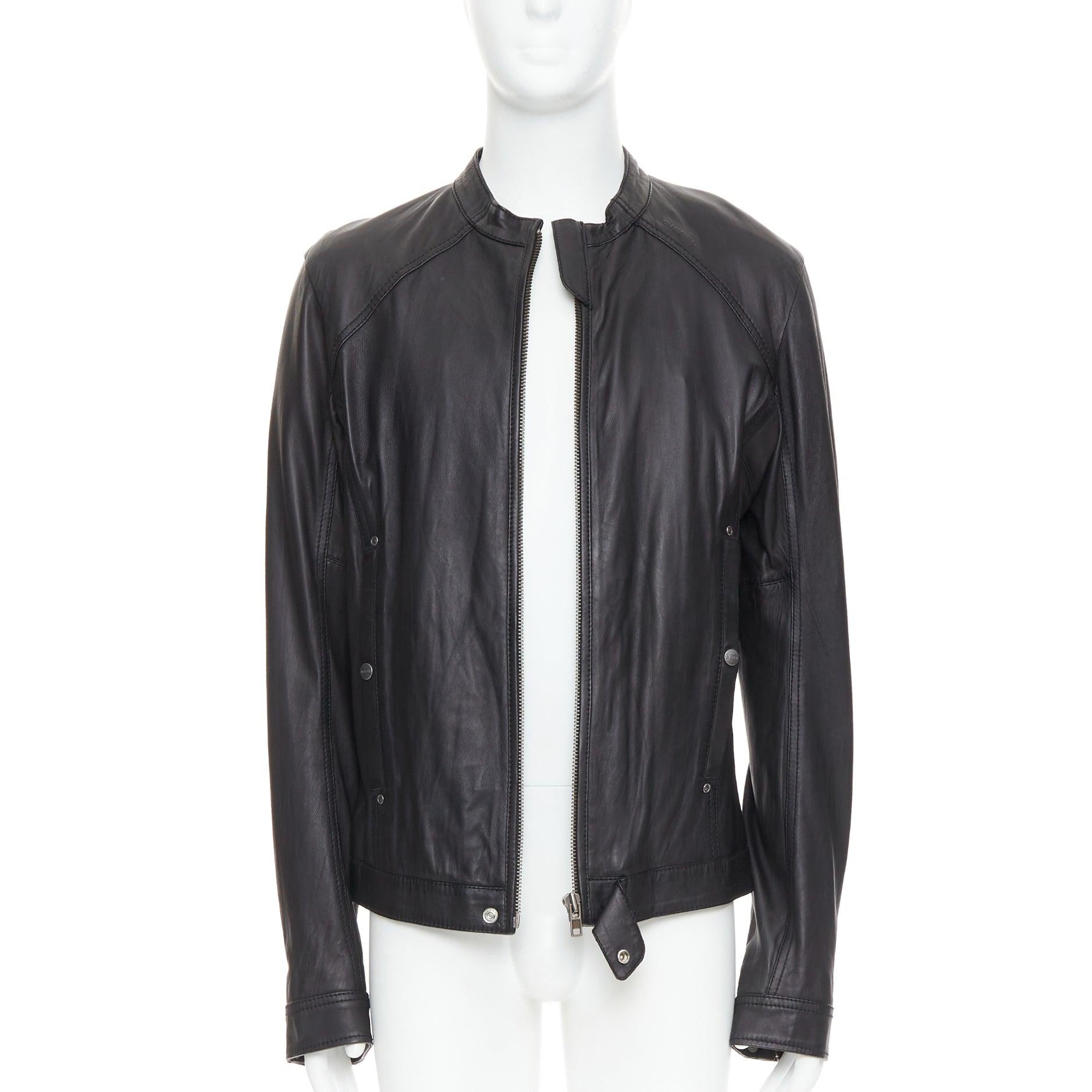 Black DIESEL black lambskin leather panelled cotton lined biker jacket XL For Sale