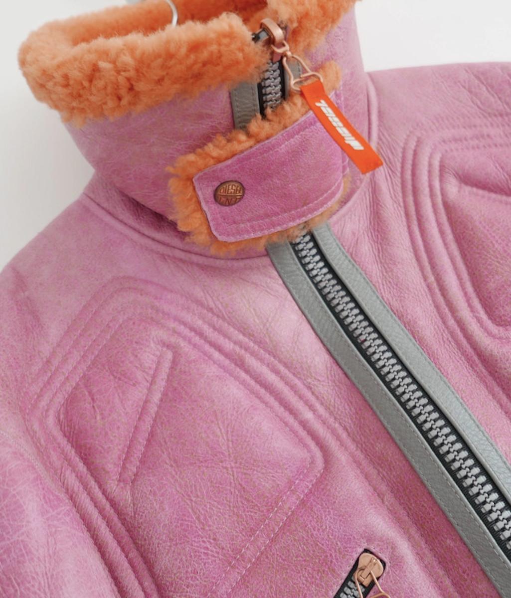 Diesel leather & shearling pink cropped biker jacket For Sale 1