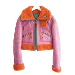 Used Diesel leather & shearling pink cropped biker jacket