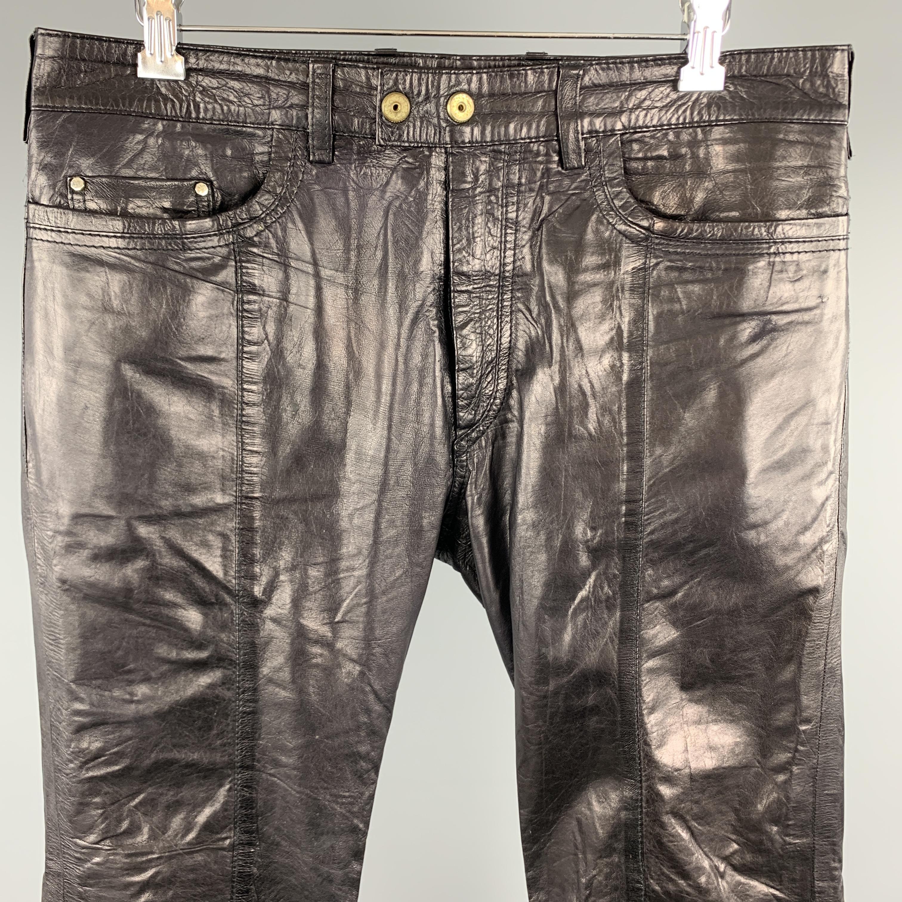 DIESEL Size 30 Black Leather Zip Fly Snap Biker Jeans at 1stDibs ...