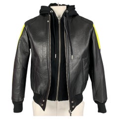 DIESEL Size L Black Yellow Color Block Leather Zip Up Brando Jacket