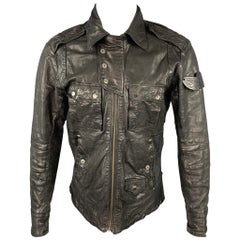 DIESEL Size M Black Wrinkled Leather Zip Up Jacket