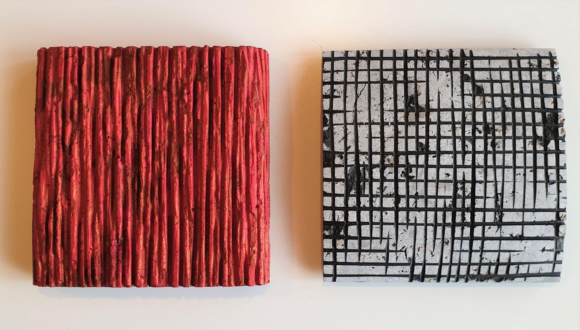 Dieter Kränzlein Abstract Sculpture - Limestone red & blackwhite diptych - pair of contemporary modern wall sculptures