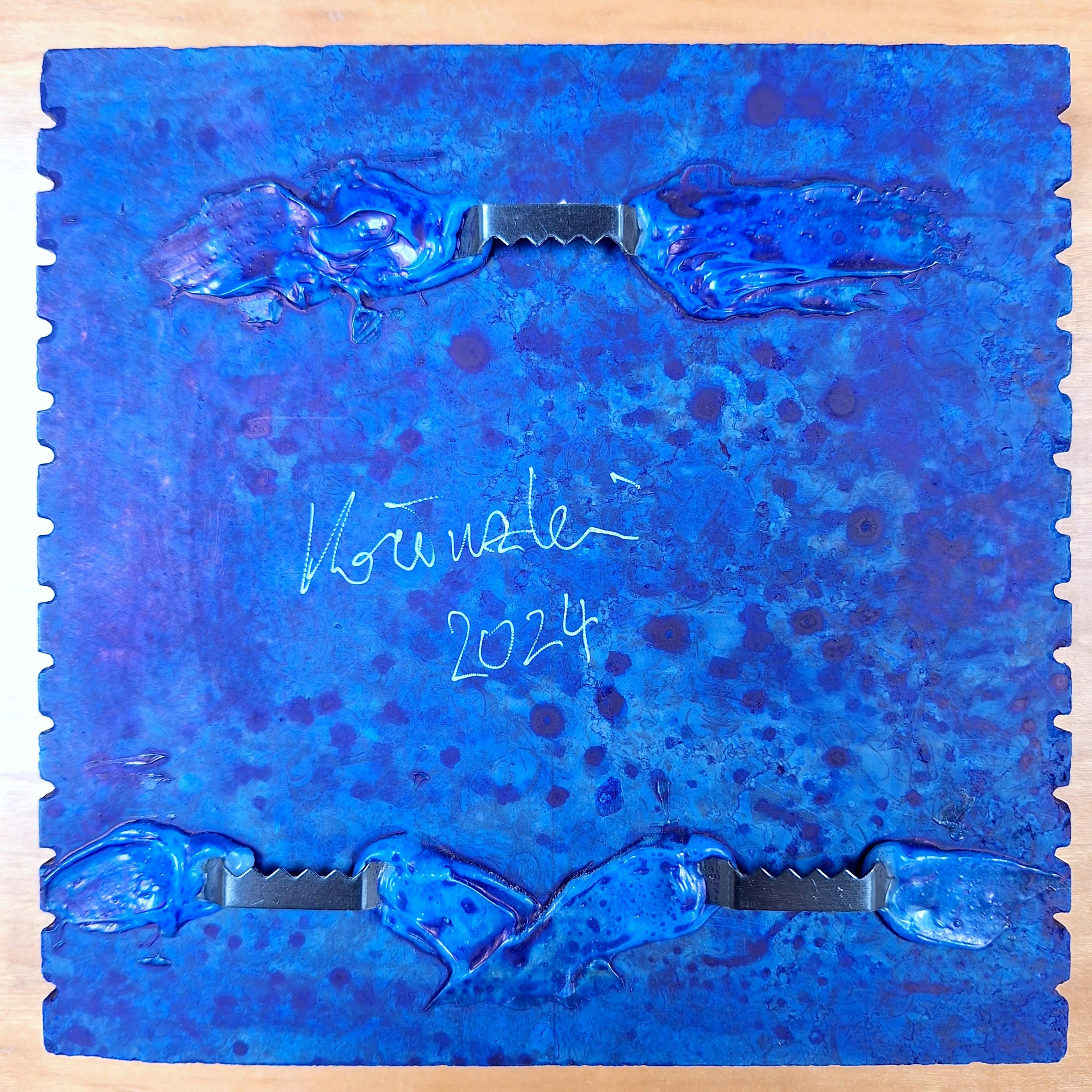 o.T. (BL15LH) kleine zeitgenössische moderne blaue Wandskulptur Gemälde Relief im Angebot 4