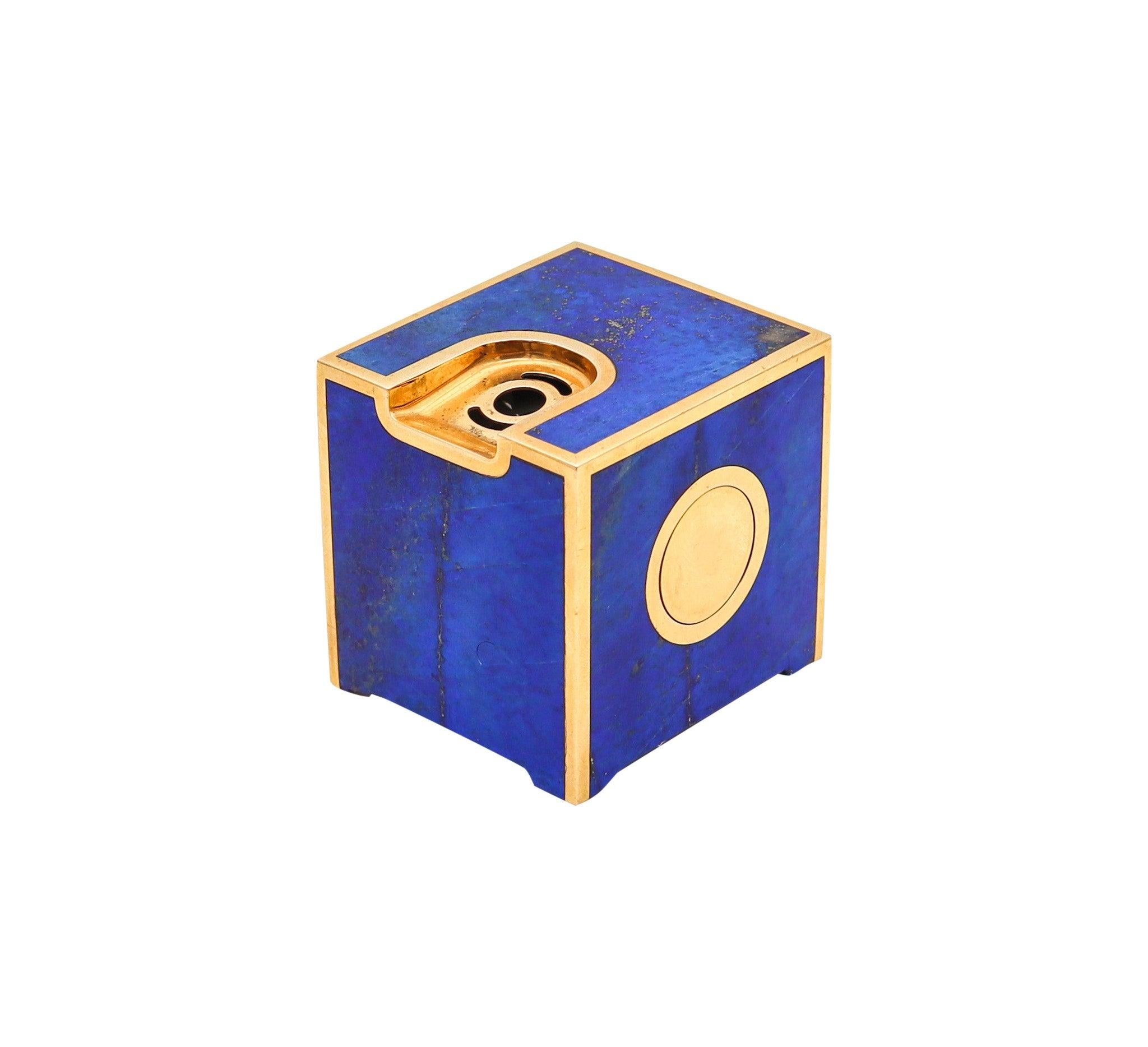 DIETER RAMS 1973 Braum Cubism Desk Lighter In 18Kt Yellow Gold And Lapis In Excellent Condition For Sale In Miami, FL