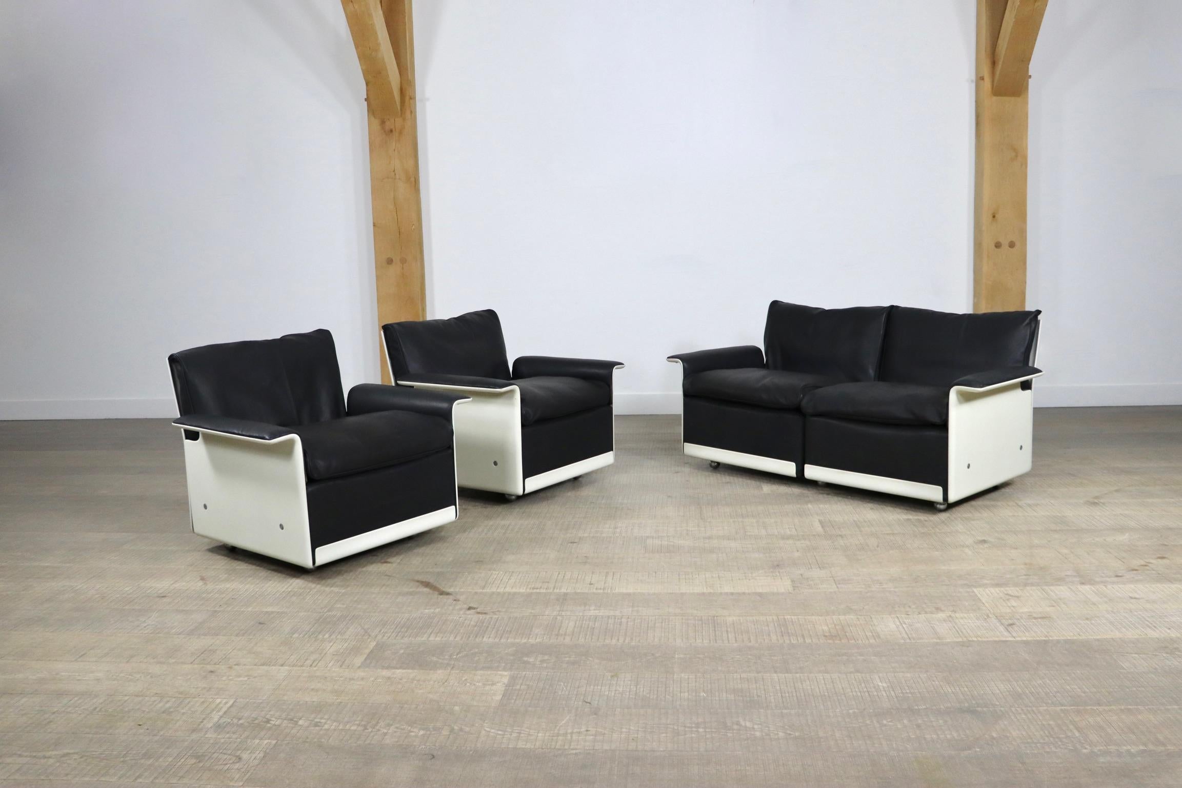 Dieter Rams 620 Sofa and Lounge Chairs in Black Leather for Vitsoe, 1980s 10